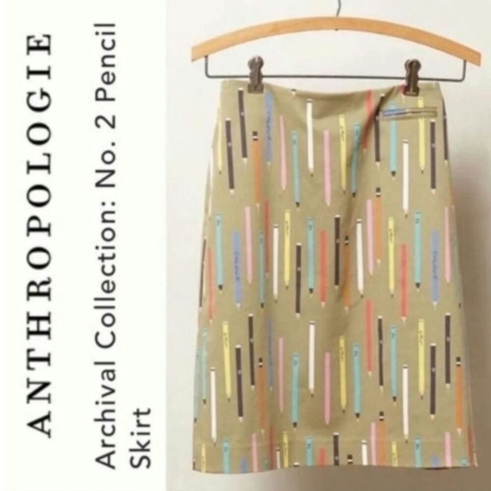 Anthropologie Archival Collection No 2 Pencil Print Khaki Skirt Elevenses Size 4